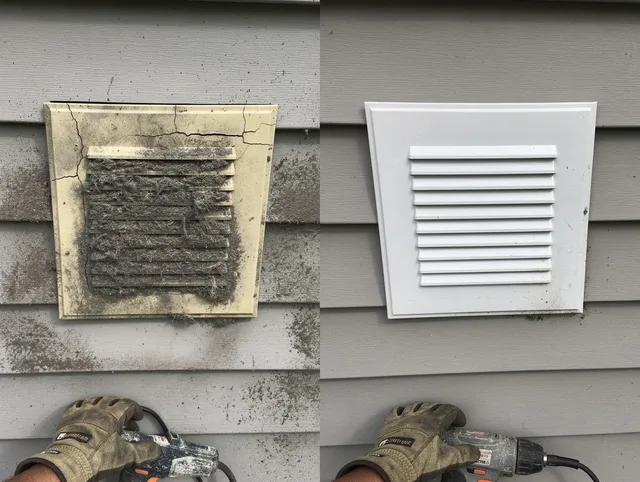 Fairhaven Dryer Vent Cleaning technician installing high-quality dryer vent cover at a residential property in Fairhaven
